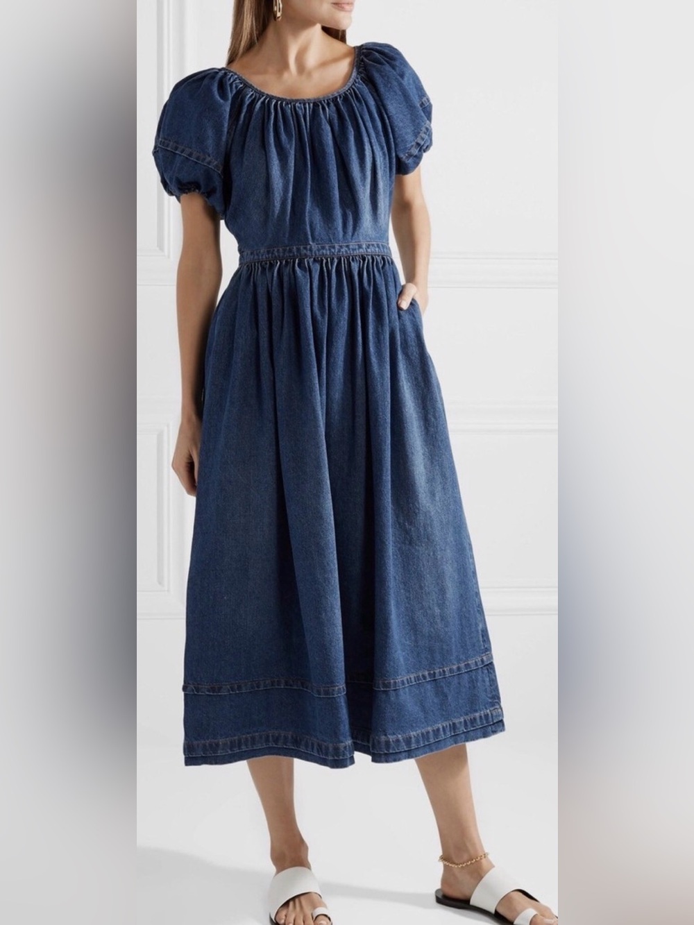 CO Gathered Denim Midi Dress in Deep Blue